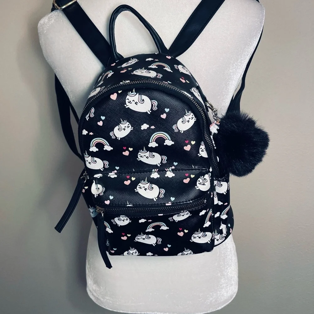 Unicorn And Rainbows Mini Vinyl Backpack Purse Bookbag With Pom Pom